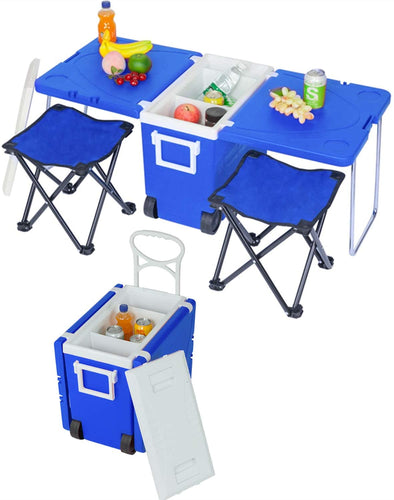 Rolling Cooler with 2 Stools and Foldable Table - shop.beachguide.com