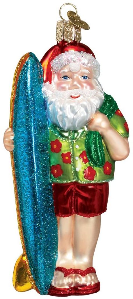 Blown Glass Surfer Santa Ornament